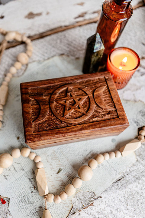 Triple Moon & Pentacle Carved Wooden Box