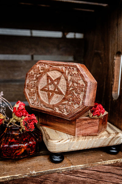 Hexagon Pentacle Carved Wooden Box