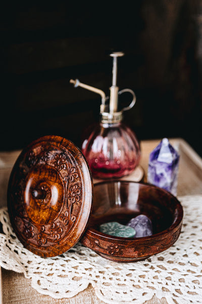 Floral Carved Wood Bowl with Lid