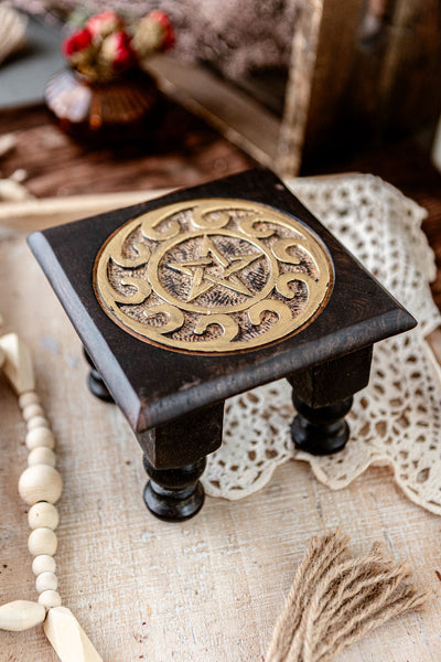 Wood Altar Table with Carved Pentacle